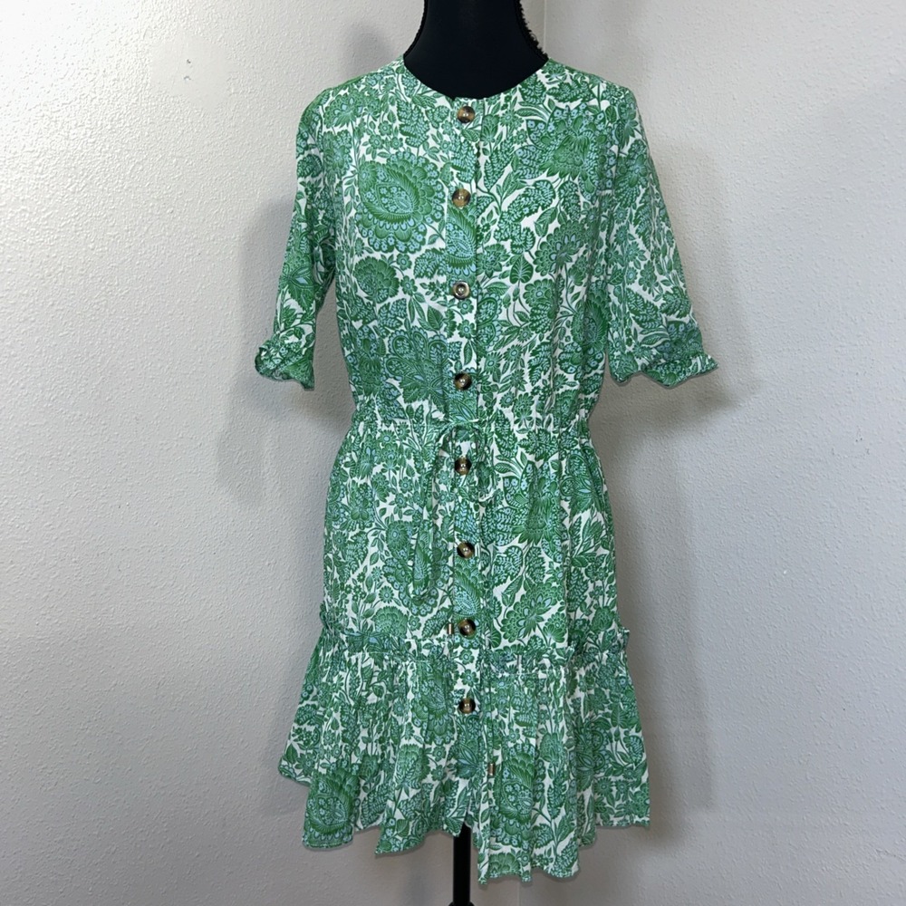 Olivaceous Mini Dress Women's Small Green Floral Tie Waist Button‎ Down Festival